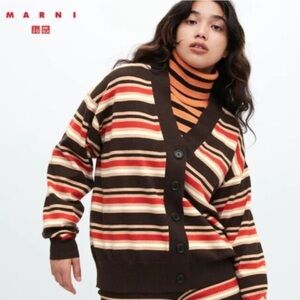 MARNI x Uniqlo Merino Blend Striped Oversized Cardigan Brown Red Sz S